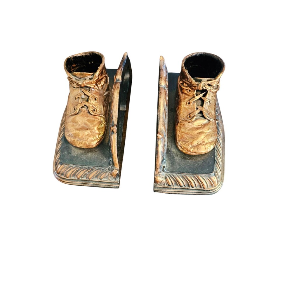 Vintage Copper Color Cast Iron Book Ends Bronze Tone Pair Of Baby Shoes Bookends